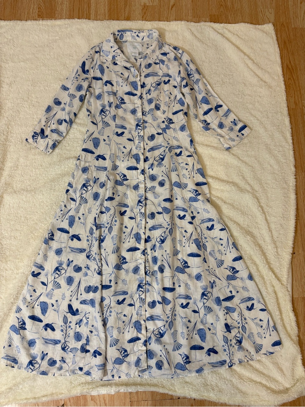 Cynthia Rowley Linen Blend White Button Down Maxi Dress with Blue Leaf Print XS - Picture 10 of 10